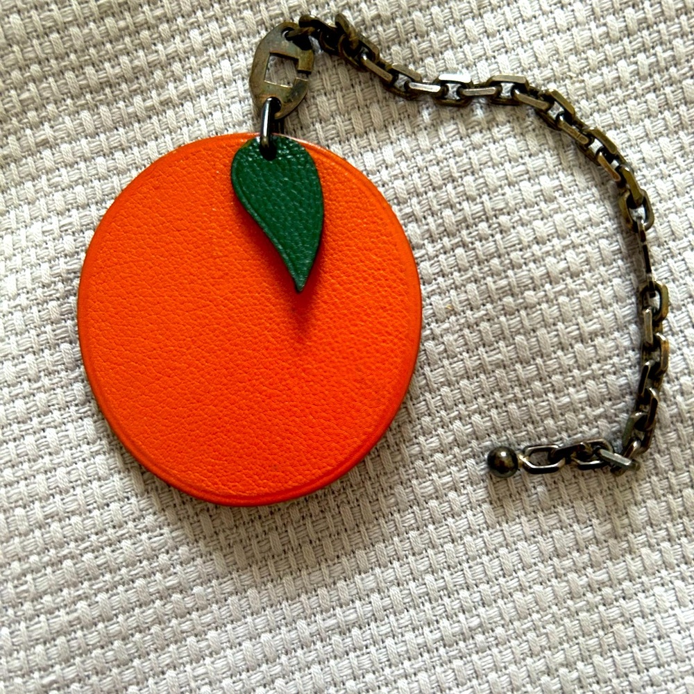 100% Authentic Vintage Hermes Orange Bag Charm with Sterling Chain